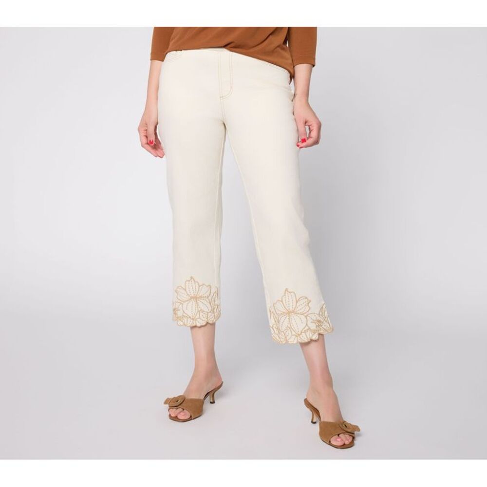 Susan Graver Women's Petite Pants 10P Denim Floral Embroidery Hem White